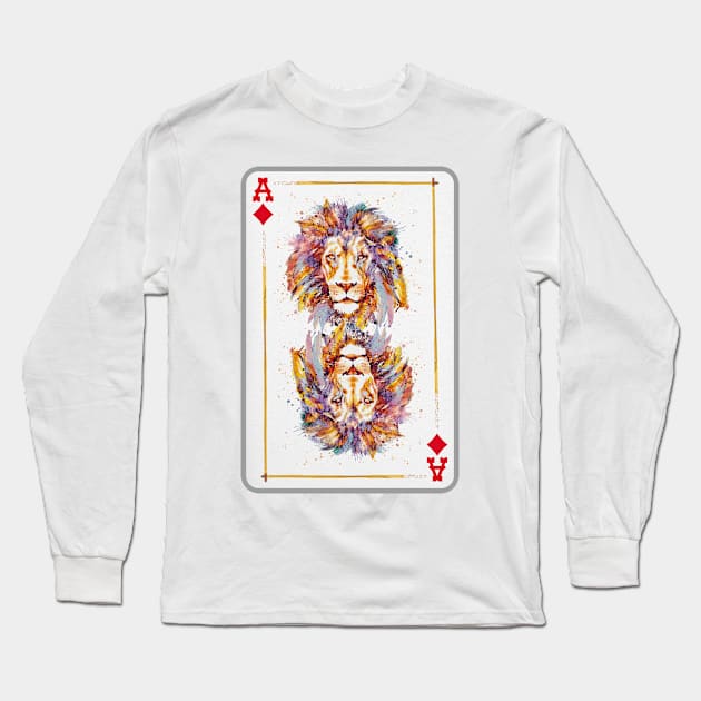 Lion Head Ace of Diamonds Playing Card Long Sleeve T-Shirt by Marian Voicu